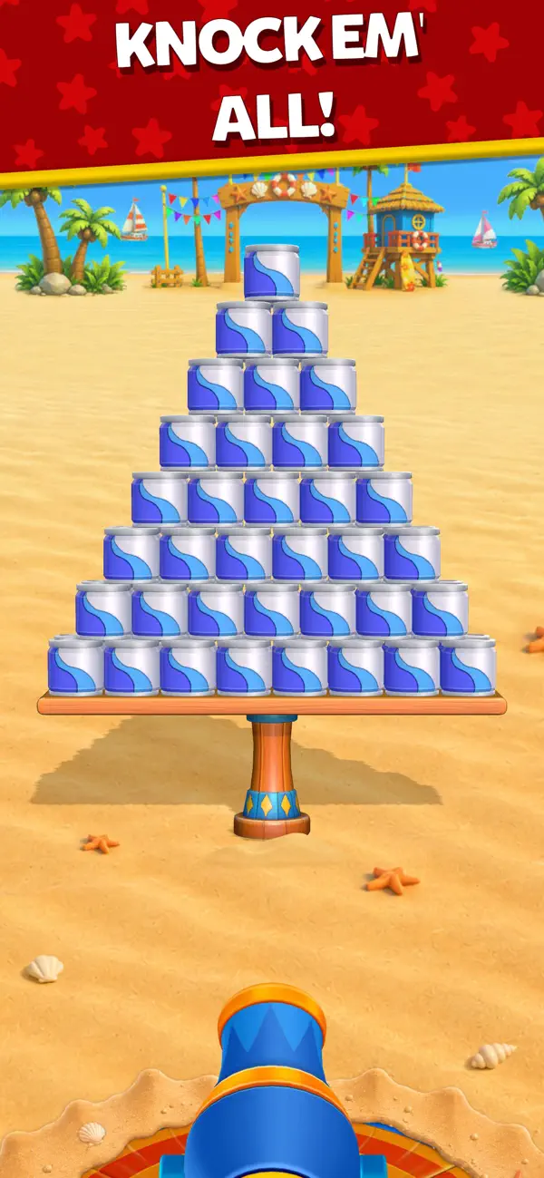 The original Smash Fest! mobile game — a beach cannon aimed at a pyramid of tin cans on a table.